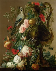 Een gebeeldhouwd stenen vaas met rozen, auricula, papavers, winde, met een Vlaamse gaai op een richel, 1760